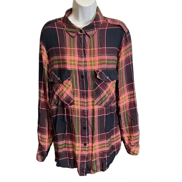 Sanctuary Boyfriend Plaid Snap Button Up Shirt Women’s Large Roll Tab Sleeves - Picture 1 of 11